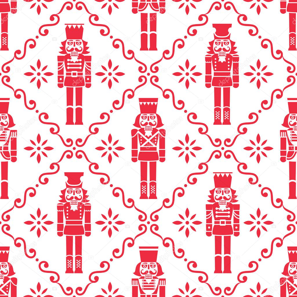 Christmas nutcrackers vector seamless pattern - Xmas soldier figurine repetitive red and white ornament, textile design