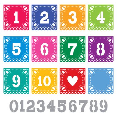 Papel Picado tablo numaraları şablon vektör seti - Meksika kağıt tasarımı mükemmel parti dekorasyon  