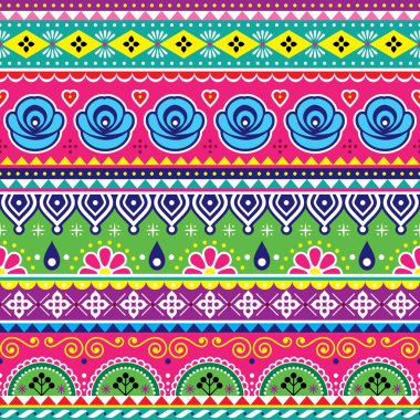 Hint veya Pakistan Kamyon Sanat Vektör Dikişsiz Desen, Geometrik Şekiller ve Çiçekler ile Renkli Tasarım