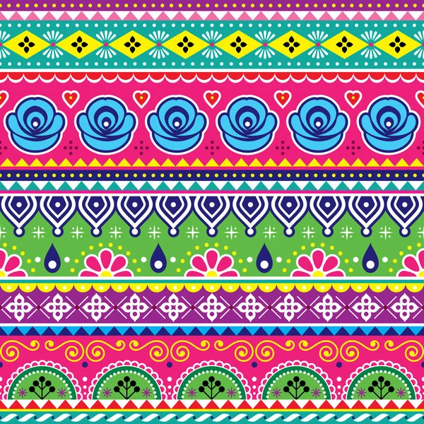 印度或巴基斯坦卡车艺术矢量无缝模式 彩色设计与几何形状和鲜花 — 图库矢量图片