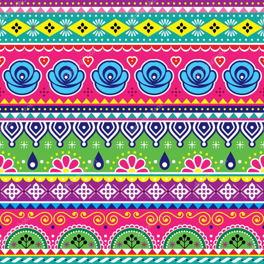 Indian Or Pakistani Truck Art Vector Seamless Pattern, Colorful Design With Geometric Shapes And Flowers