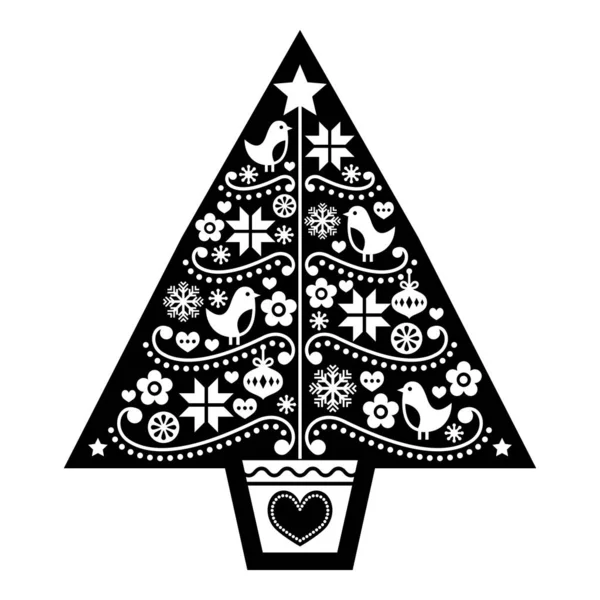 Christmas Tree Sztuka Ludowa Wektor Projekt Skandynawski Czarno Biały Wzór — Wektor stockowy