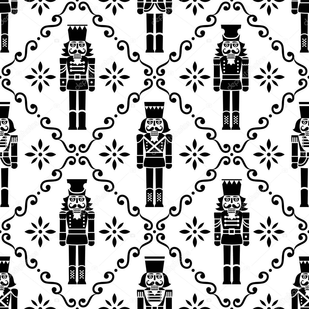 Christmas nutcrackers vector seamless pattern - Xmas soldier figurine repetitive black and white ornament, textile design