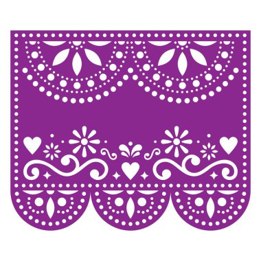 Metni olmayan Papel Picado vektör şablonu, soyut şekilli çiçekli mor desen, Meksika kağıt desenli retro