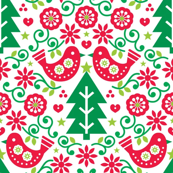 クリスマス北欧民俗芸術赤と緑の鳥や花とシームレスなベクトルパターン お祝い北欧ファブリック テキスタイルデザイン — ストックベクタ