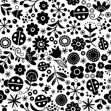 Kusursuz çiçekli retro vektör deseni - el çizimi klasik İskandinav stili tekstil tasarımı siyah beyaz çiçekler ve beyaz uğurböceği  