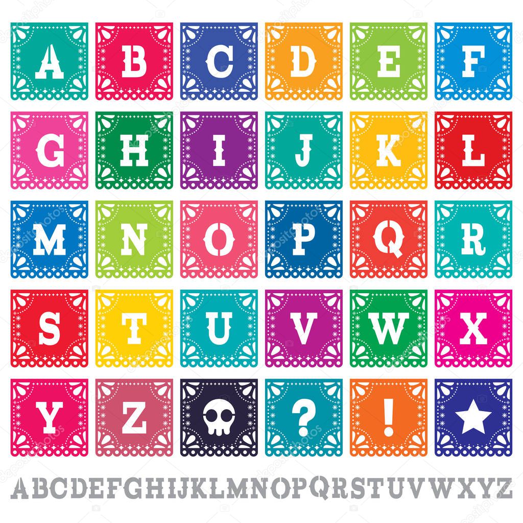 Papel Picado alphabet letters template vector set - Mexican paper design perfect party decoration