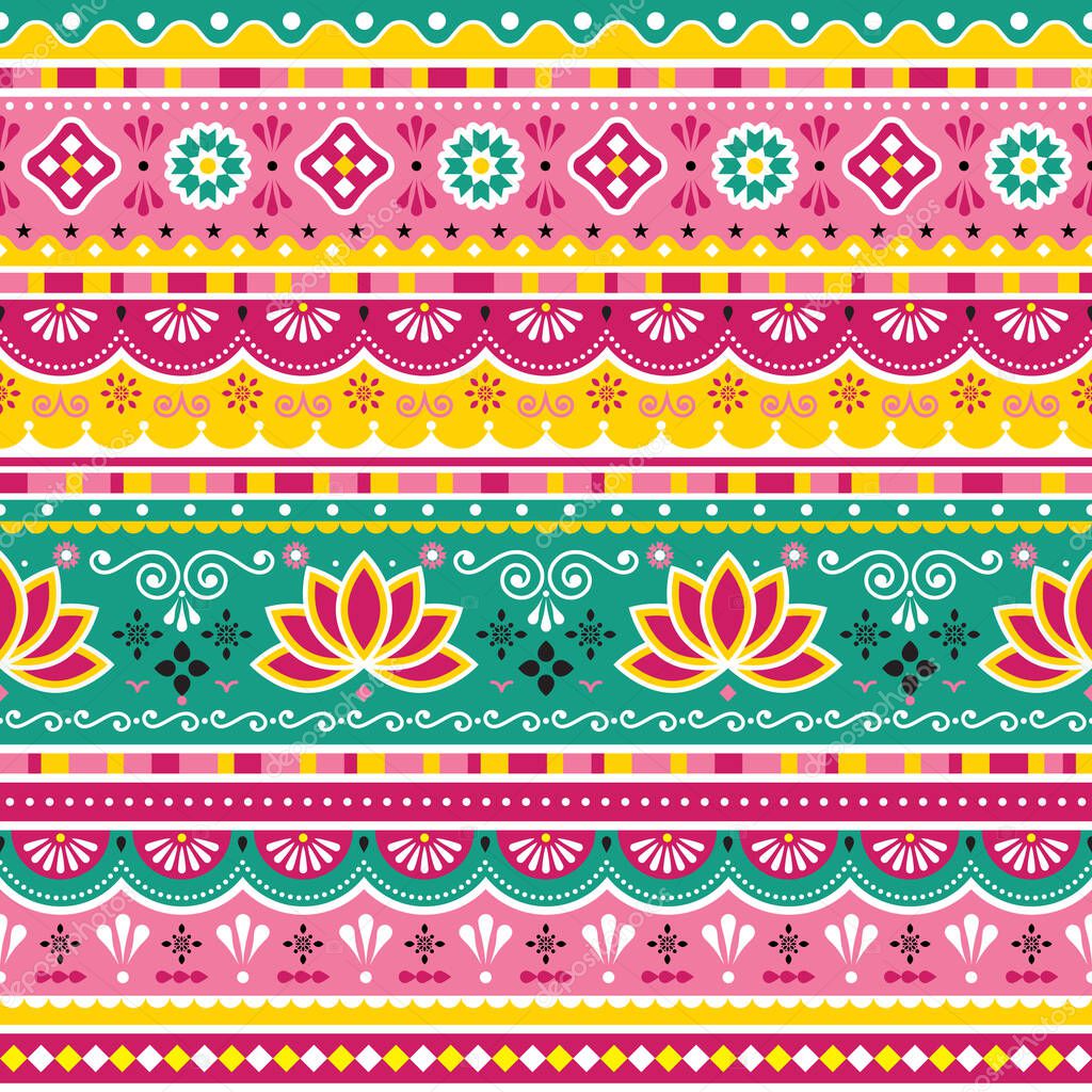 Pakistani or Indian seamless vector pattern with lotus flowers, truck art decorative floral design with flowers 