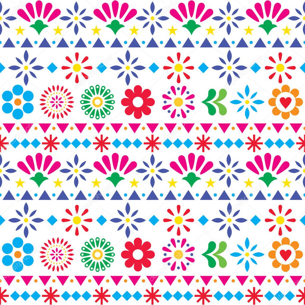 Mexican seamless textile vector pattern with flowers and abstract shapes, floral folk art decoration