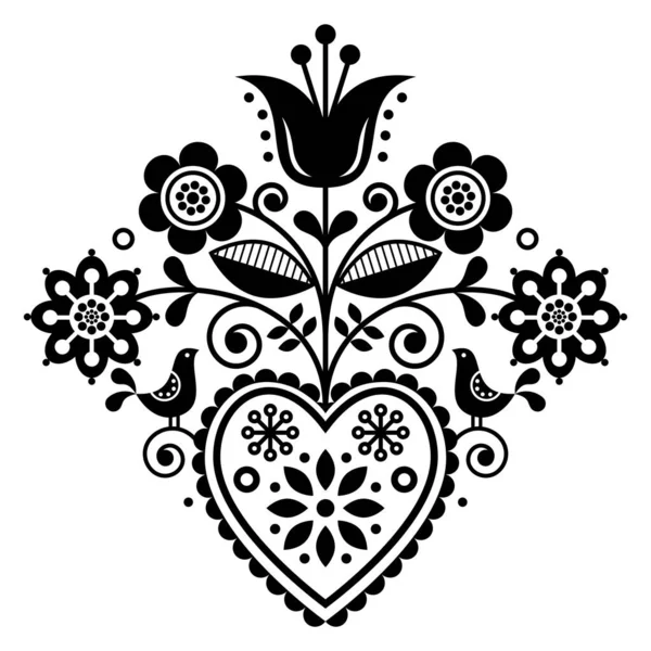 北欧レトロな民俗芸術の花 黒と白のベクトルデザイン 鳥や花と北欧のパターン — ストックベクタ