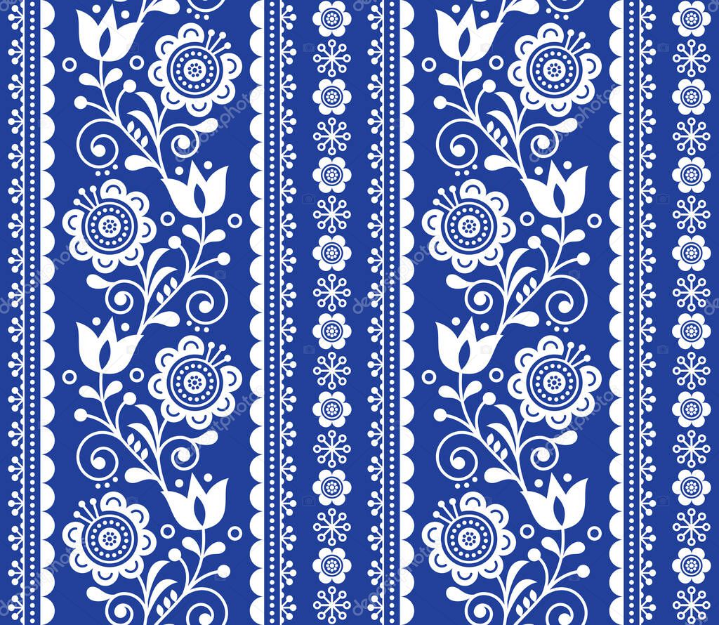 Scandinavian style seamless vector pattern with flowers, Nordic folk art repetitive white on navy blue ornament - horizontal stripes  