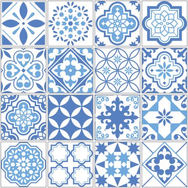 Portekiz Azulejo fayanslarının dikişsiz vektör deseni, Lizbon mavisi eski fayanslar mozaiği, Akdeniz yinelenen tekstil tasarımı