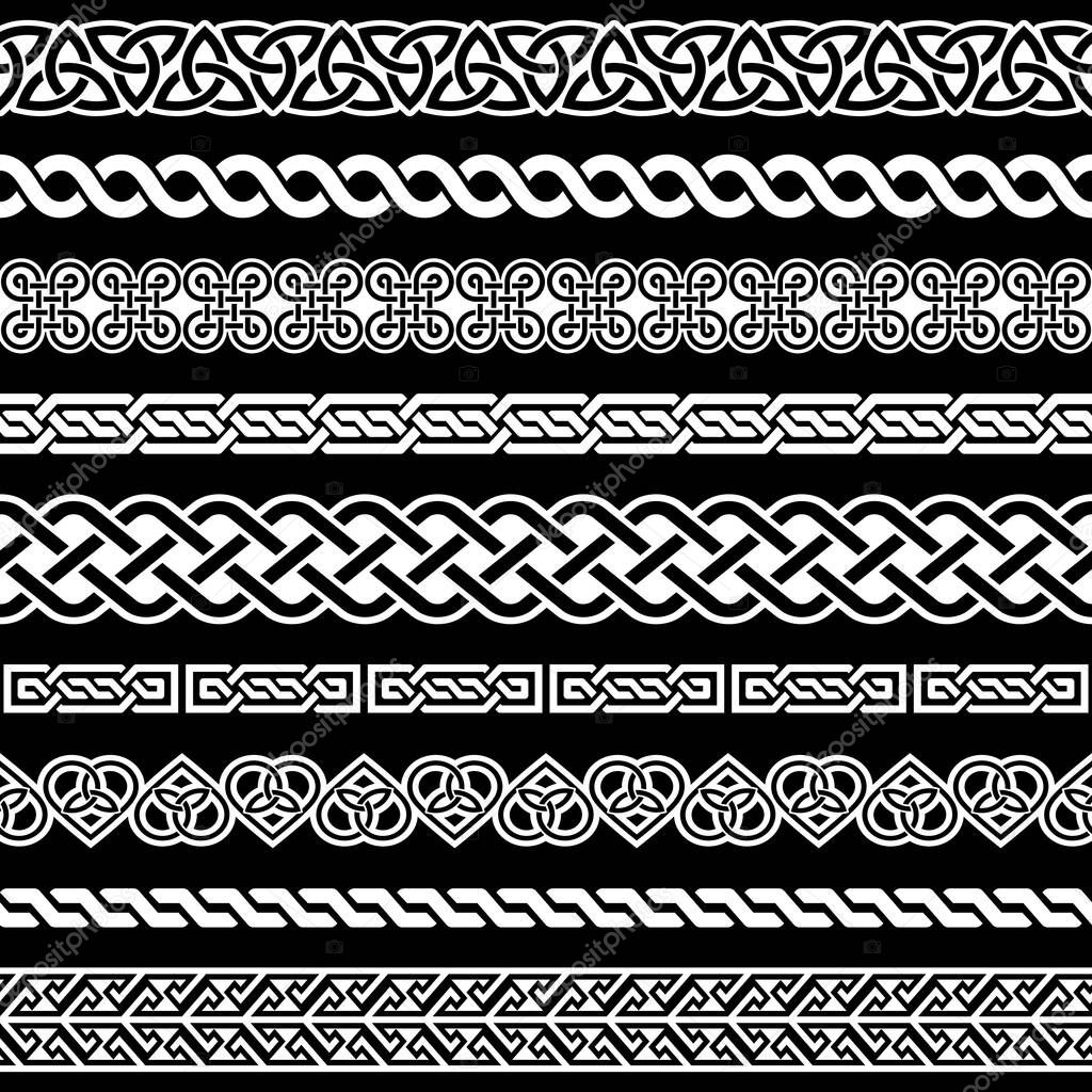Irish Celtic vector seamless border repetitive pattern  set, braided frame designs for greeting cards, St Patrick's Day celebration in white on black