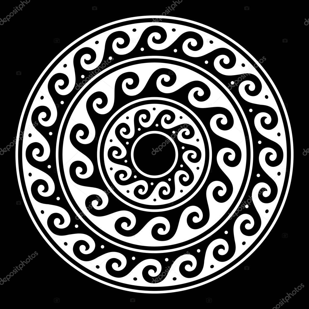 Greek vector mandala, Ancient round meander art in white on black background 