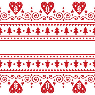 Noel kutlaması tebrik kartı tasarımı - İskandinav geleneksel işlemeli halk sanatı desenli Noel ağaçları, kalpler ve girdaplar