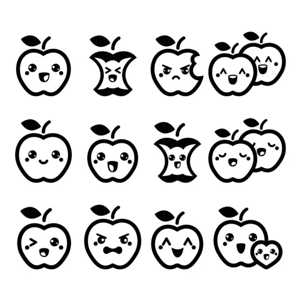 Conjunto Iconos Vector Manzana Kawaii Lindo Fruta Manzanas Con Caras — Vector de stock