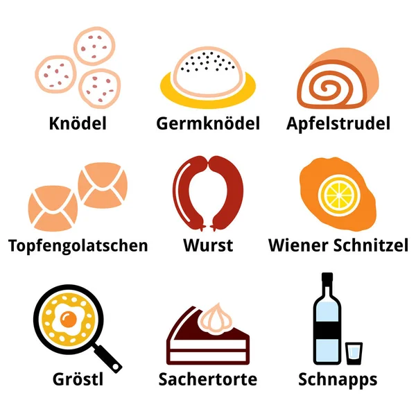 Österreichisches Essen Österreichische Küche Traditionelles Essen Und Getränkevektorset — Stockvektor