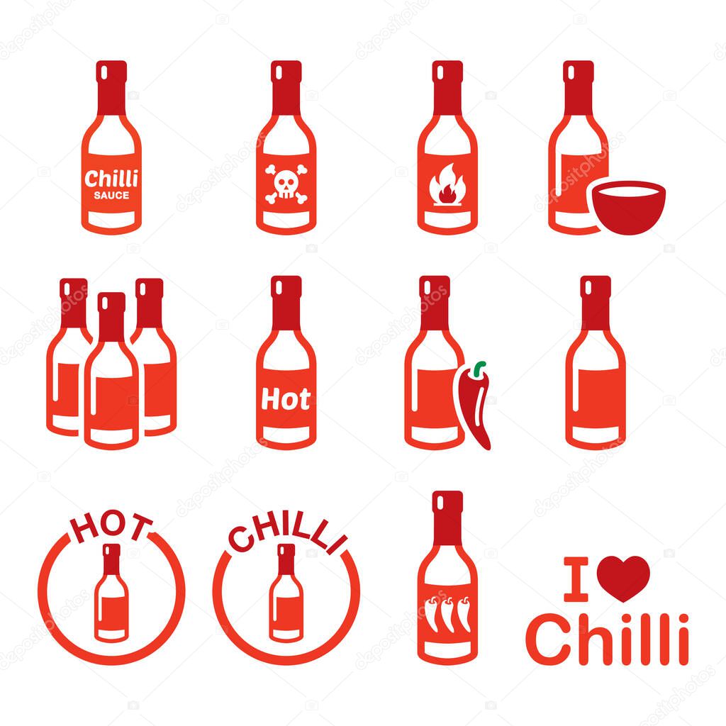 Hot chilli sauce bottle icons set, spicy sauce, Mexican food design 