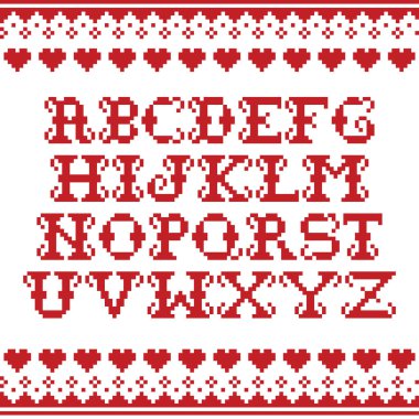 Alfabe şablonu örme şablonu dikişsiz vektör kırmızı kış deseni - Fair Island tarzı geleneksel örgü tasarımı