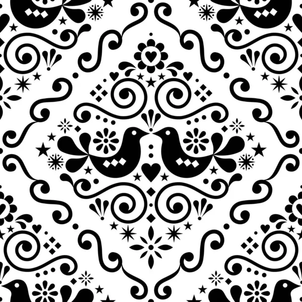 北欧の花のシームレスなベクトルパターン 鳥や花とモノクロームの繰り返し民俗芸術繊維北欧デザイン — ストックベクタ