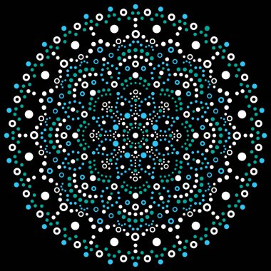 Aborjin nokta sanat mandala retro vektör tasarımı, beyaz ve mavi renkli kabile nokta boyası Avustralya Yerli süslemelerinden esinlenilmiş dozlu Avustralya süsü, siyah arkaplan üzerine boho dekorasyonu.