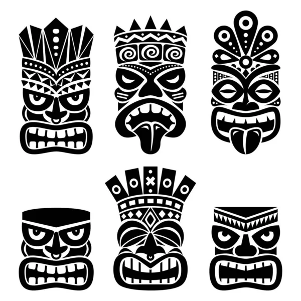 Hawaiiaanse Polynesië Tiki Hoofd Totem Vector Ontwerp Set Tribal Folk — Stockvector