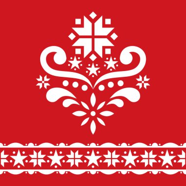 İskandinav halk sanatı tasarımı seti - tek desenli koleksiyon, çiçekli sevimli çiçek süsü ve kırmızı arka planda beyaz kar taneleri