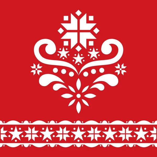 斯堪的纳维亚圣诞民俗艺术矢量设计集 单幅图案系列 可爱的花卉装饰 红色背景的白色雪花 — 图库矢量图片