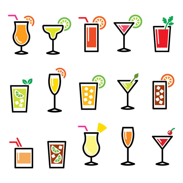 Cocktails, popular alcohot drinks glasses vector icons set - pub, bar concept
