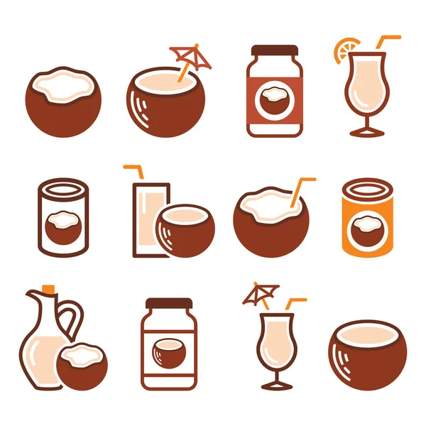 Кокосовое Молоко Масло Коктейль Набор Векторных Значков Здоровой Пищи — стоковый вектор