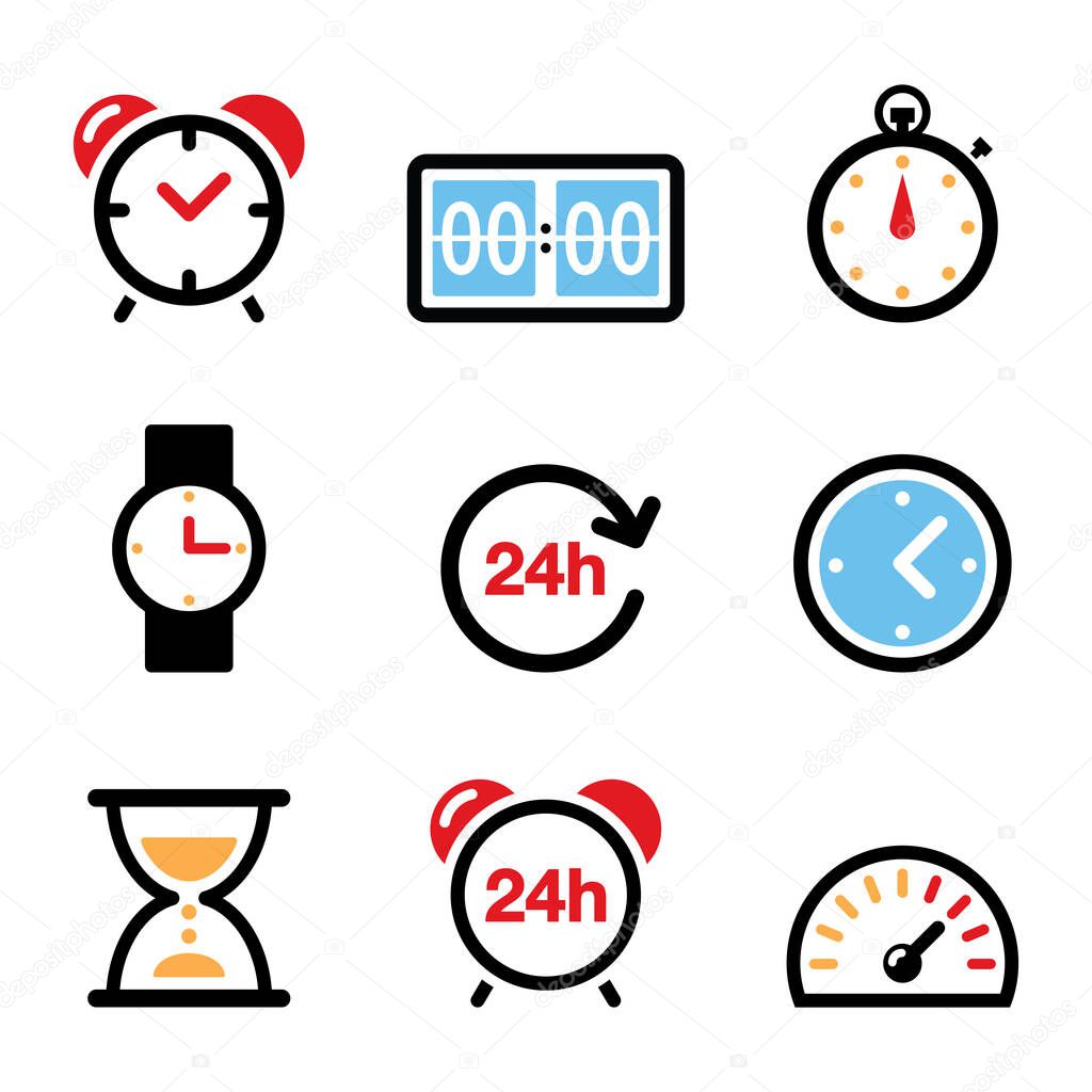 Time, clock vector color icons set - alarm clock, wrist watch, stopper, speed meter