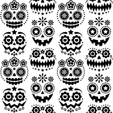 Cadılar Bayramı ve Dia de los Muertos kafatasları ve balkabağı, Meksika şeker kafatası stili tekstil tasarımı gibi pürüzsüz bir şekille karşı karşıya