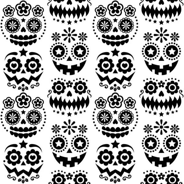 Halloween Dia Los Muertos Skulls Pumpkin Faces Vector Seamless Pattern — Stock Vector