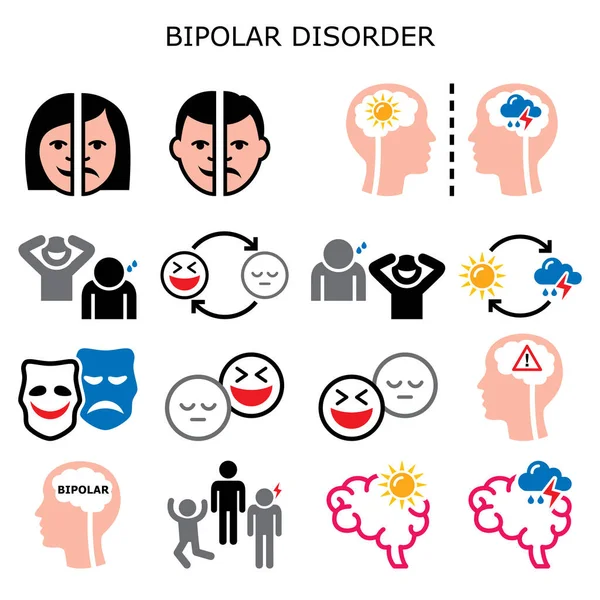 Bipolar Bozukluk Renk Ikonları Akıl Sağlığı Konsepti Aşırı Mutluluk Üzüntü — Stok Vektör