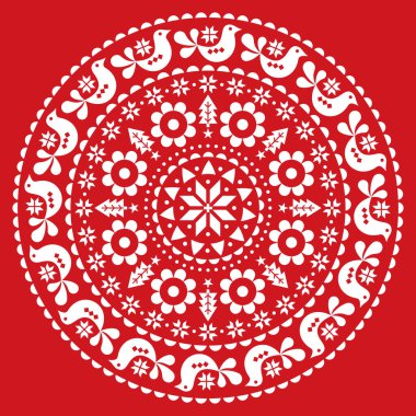 Noel İskandinav halk vektör tasarımı mandalası. Kış şenliği deseni, kuşlarla süslü sevimli çiçek süsü ve kırmızı arka planda beyaz kar taneleri.
