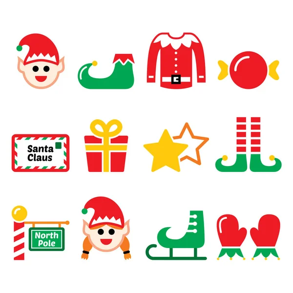 Elf Weihnachts Vektorsymbole Set Nordpol Weihnachtsmann Kleine Helfer Entwerfen — Stockvektor