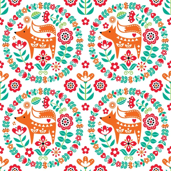 Scandinavian Cute Folk Art Vector Seamless Pattern Flowers Fox Floral — Stock Vector