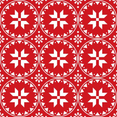 İskandinav şirin Noel arkaplanında kar taneleri olan kusursuz vektör deseni - kırmızı arka planda beyaz renkli İskandinav halk sanatı tarzı