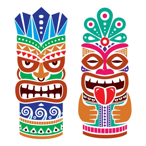 Diseño Color Vectores Tótem Polo Tiki Decoración Tradicional Estatuas Polinesia — Archivo Imágenes Vectoriales