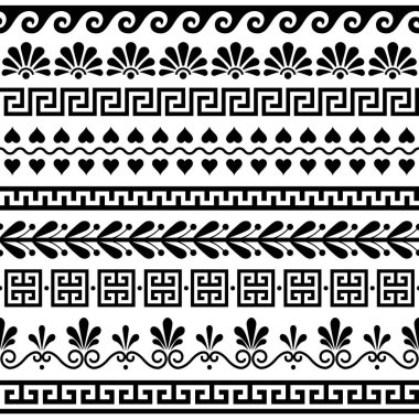 Yunan kusursuz vektör deseni seti - antik çiçek ve geometrik süs, anahtar desen siyah ve beyaz 