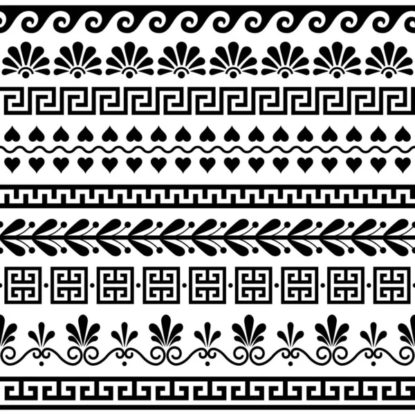 ギリシャのシームレスなベクトルパターンセット 古代の花と幾何学的な装飾 黒と白のキーパターン — ストックベクタ