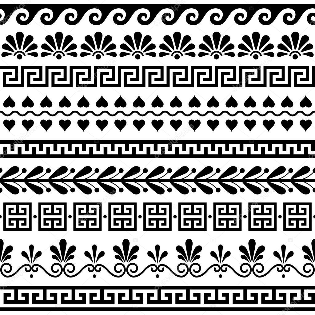Greek seamless vector pattern set - ancient floral and geometric ornament, key pattern in black and white 