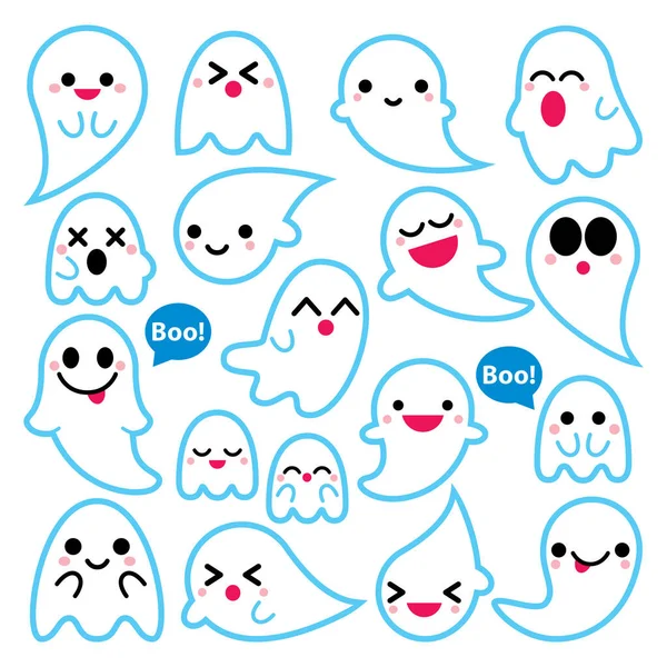 Cute Vector Ghosts Icons Halloween Design Set Kawaii Blue Stroke — Stock Vector