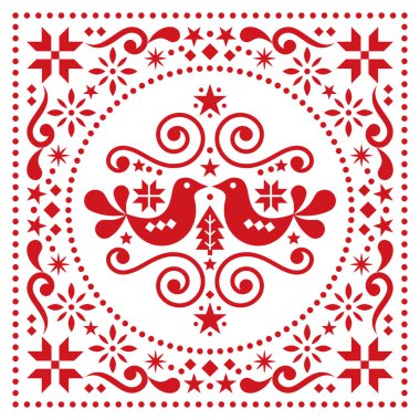 Noel İskandinav halk sanatı tebrik kartı desenleri, Noel ağaçları, kuşlar ve çiçeklerle süslü çiçek desenleri. 