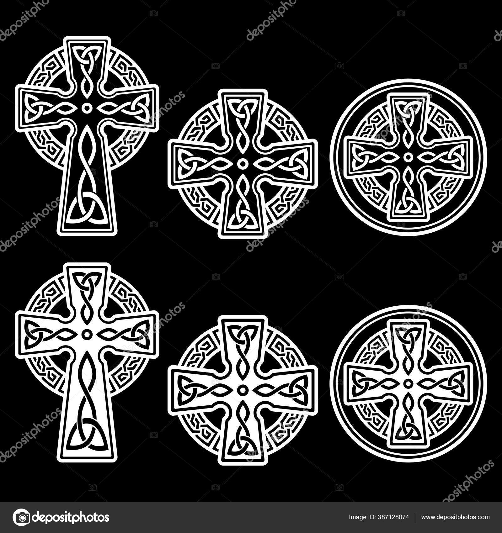凯尔特爱尔兰十字矢量设计集圣帕特里克节庆祝在爱尔兰的黑色背景的白色背景图库矢量图©RedKoala 387128074, image size:1600x1700