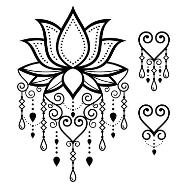 Lotus çiçeği yoga vektör tasarımı, Mehndi Hint kına dövme deseni, zincirli boho lotus sanatı, girdaplar ve kalp