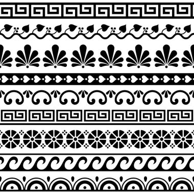 Yunan anahtar şablonu, dalgalar ve geometrik dikişsiz vektör dizaynı - siyah ve beyaz olarak eski. Yunanistan 'ın geleneksel sanatından esinlenen çiçek şekilli geleneksel monokrom dekorasyonu 