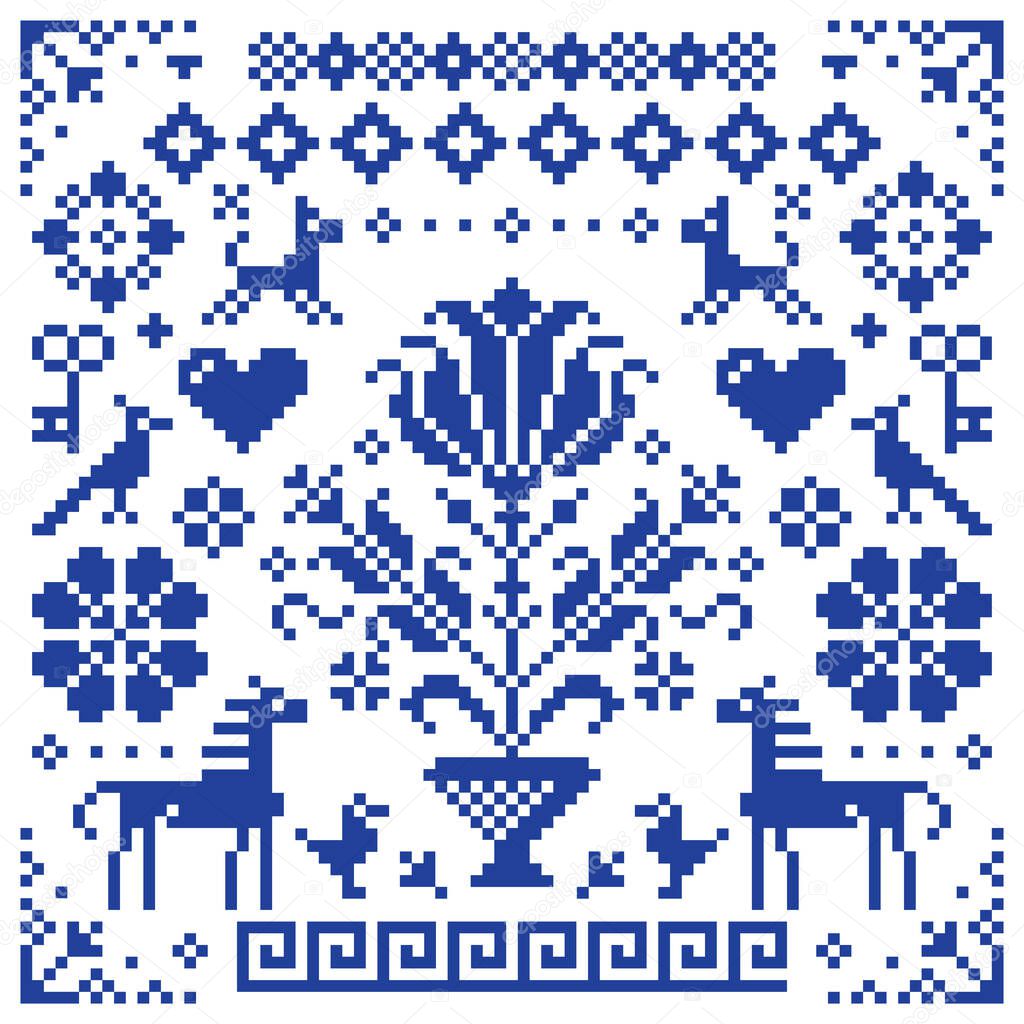 Retro cross-stitch vector seamless pattern, background inspired by old German and Austrian style embroidery flowers and birds and geometric corners
