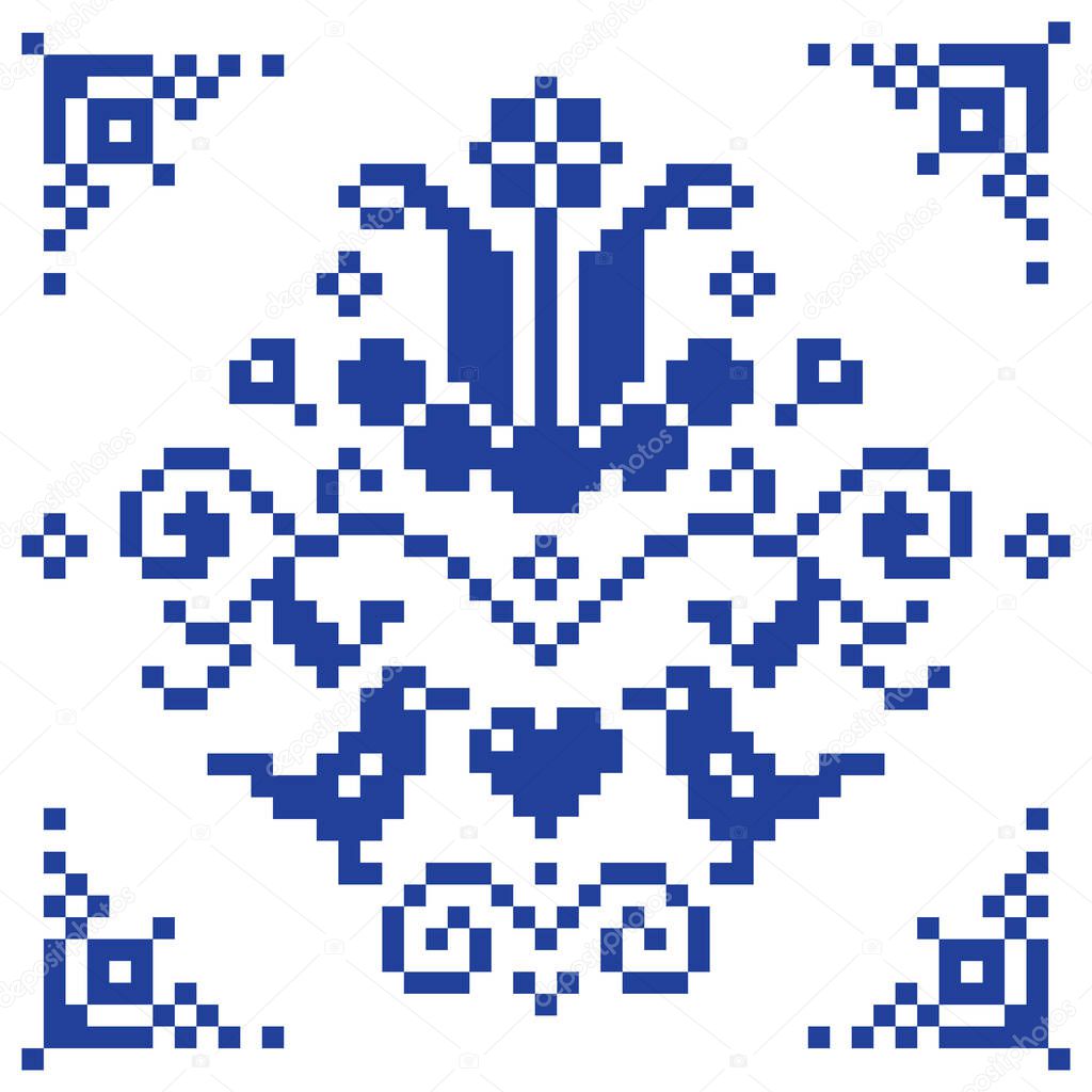 Retro cross-stitch vector floral pattern, folk background inspired by old German and Austrian style embroidery with birds and flowers
