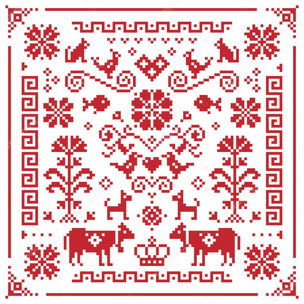 Retro Austrian and German cross-stitch vector floral pattern, symmetric emrboidery tile design with birds, dogs, cows, hearts and flowers
